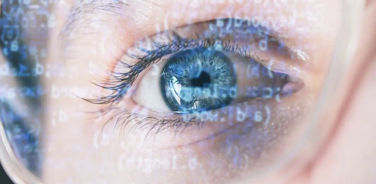 Person Wearing Optical Glasses With Data Code Reflecting Glass